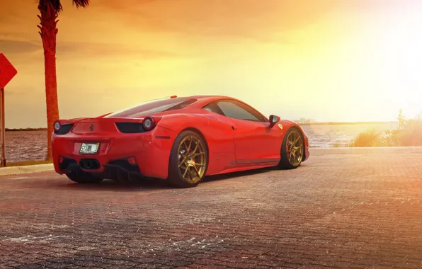 Картинка Ferrari, Red, 458, Sun, Sunset, Italia, Sea, Supercar, Rear