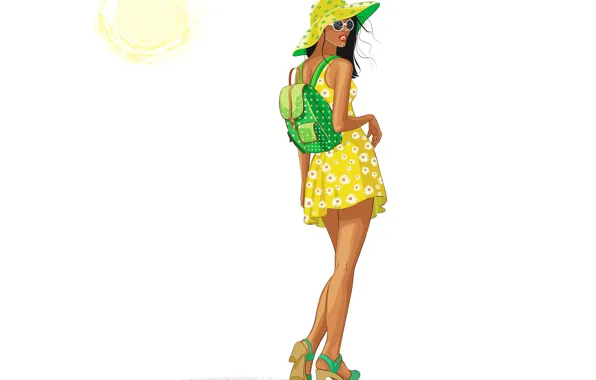 Картинка лето, девушка, солнце, стиль, спина, вектор, шляпа, платье, очки, рюкзак