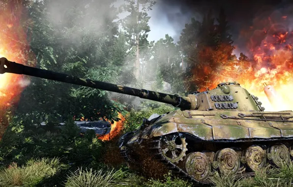 Картинка огонь, дым, бой, немецкий, WW2, тяжёлый танк, «Короле́вский тигр», «Тигр II», Panzerkampfwagen VI Ausf. B …