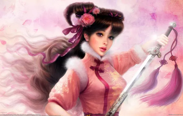 Картинка девушка, цветы, меч, арт, мех, кисти, ruoxing zhang