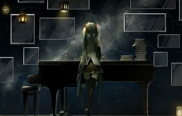Картинка девушка, аниме, рояль, арт, vocaloid, hatsune miku, фонарики, saihate