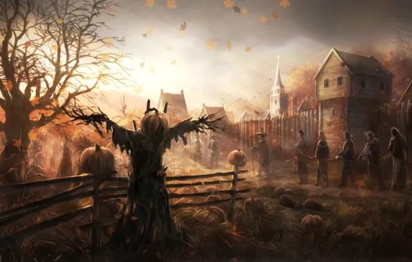 Картинка осень, листья, деревья, люди, ветер, дома, арт, церковь, тыквы, заборы, пугало, огород, пленники