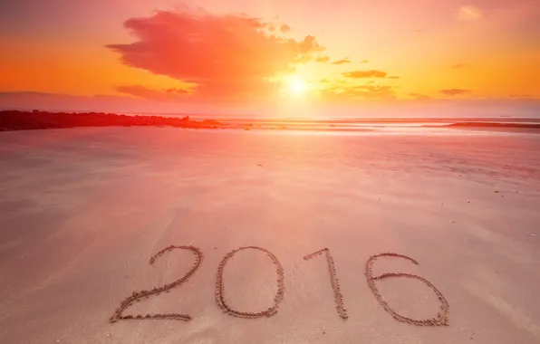 Картинка песок, море, пляж, закат, Новый Год, цифры, New Year, Happy, 2016