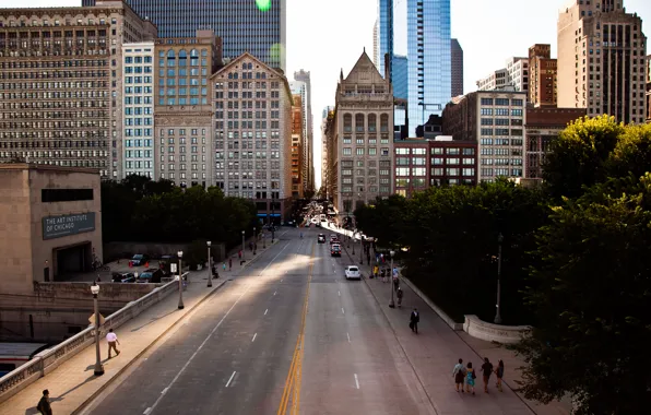 Картинка солнце, машины, движение, люди, улица, здания, небоскребы, Чикаго, америка, Chicago, сша, высотки