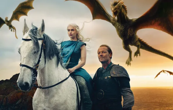 Картинка драконы, Game of Thrones, Emilia Clarke, Daenerys Targaryen, Iain Glen, Jorah Mormont