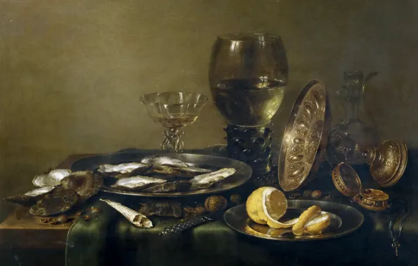 Картинка картина, Виллем Клас Хеда, Натюрморт с Серебряной Посудой и Устрицами