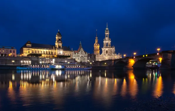 Картинка ночь, город, река, Германия, Dresden