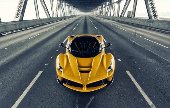 Картинка Ferrari, Front, Bridge, Yellow, Road, Supercar, LaFerrari, Gipercar