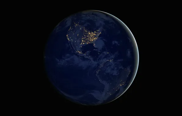 Картинка ночь, огни, планета, Земля, континенты