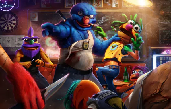 Картинка бар, драка, art, разборка, полицейский, Grover, THE STREETS, Muppet