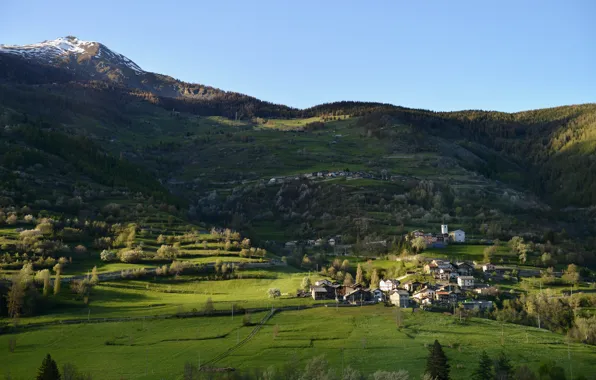 Картинка небо, деревья, отдых, растительность, дороги, гора, Альпы, вершина, Италия, курорт, подъёмник, кемпинги, Valle d’Aosta, горнолыжный …