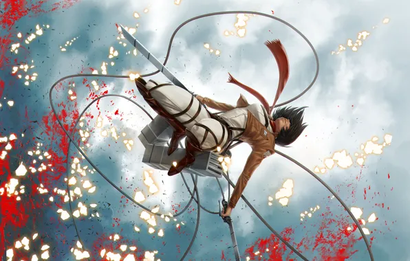 Картинка небо, брызги, прыжок, кровь, клинки, военная форма, fanart, Shingeki no Kyojin, Mikasa Ackerman, привод, красный …