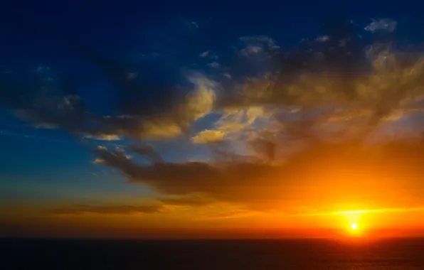 Картинка Закат, Солнце, Небо, Вода, Облака, Океан, Горизонт