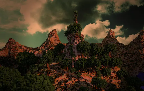 Картинка небо, трава, облака, деревья, горы, блоки, Minecraft