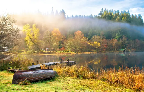 Картинка осень, небо, вода, облака, деревья, пейзаж, природа, озеро, лодки