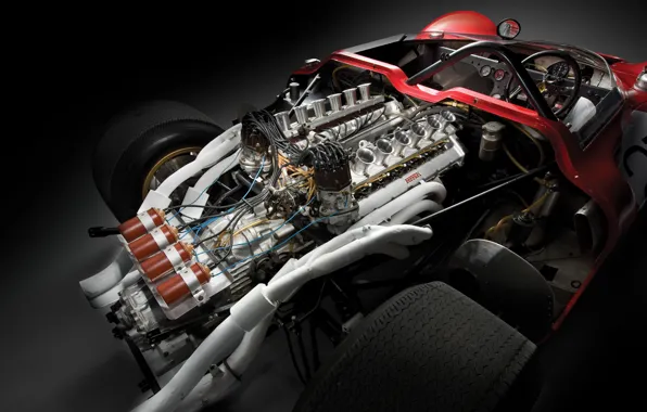 Картинка Ferrari, 1967, 350, Спайдер, Can-Am, Двигатель V12, Могучий, Классическое гоночное авто, Атмосферный, Двигательный отсек