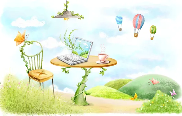 Картинка бабочки, воздушные шары, стол, рисунок, лампа, стул, кружка, ноутбук, лианы
