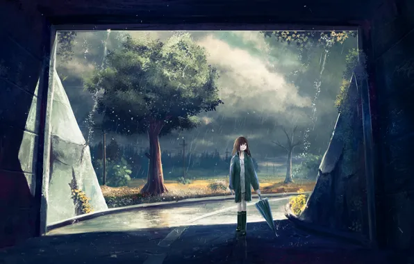 Картинка девушка, деревья, дождь, столбы, провода, листва, арт, тоннель