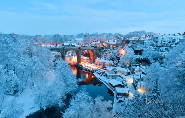 Картинка зима, снег, пейзаж, мост, огни, река, Англия, дома, Северный Йоркшир, Нерсборо