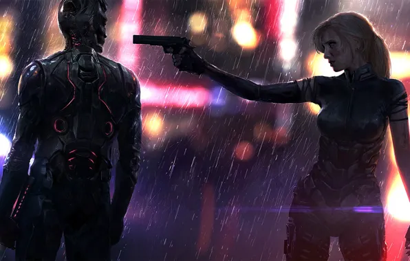 Картинка пистолет, дождь, женщина, мужчина, sword, art, cyberpunk, helmet