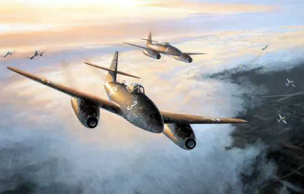 Картинка war, art, painting, aviation, ww2, messerschmitt me 262 &quot;stormbird&quot; jet fighter, german jet fighter