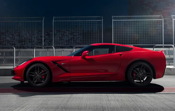 Картинка Corvette, Chevrolet, Red, Car, Sport, Stingray, Side View, Track, 2014