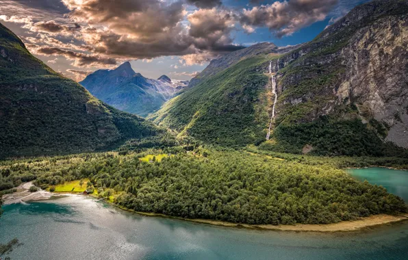 Картинка облака, горы, озеро, долина, Норвегия, панорама, Norway, Согн-ог-Фьюране, Викaн, Vikane, Sogn og Fjordane