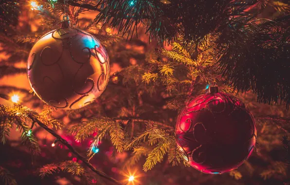 Картинка свет, украшения, огни, шары, елка, рождество, Новый год