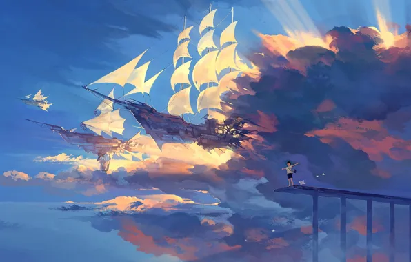 Картинка небо, облака, радость, пейзаж, птицы, собака, корабли, аниме, арт, парень, hanyijie