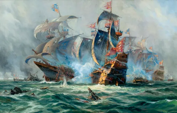Картинка корабли, картина, сражение, живопись, парусники, Adolf Bock