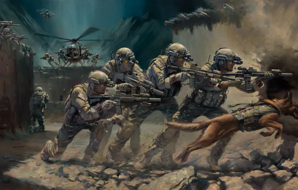 Картинка оружие, собака, арт, вертолет, солдаты, захват, экипировка, операция, спецназ, штурмовые винтовки