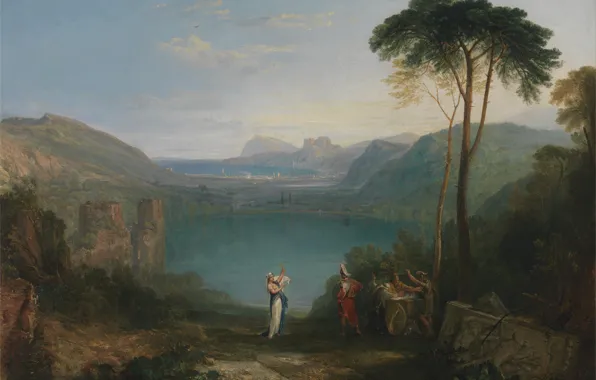 Картинка деревья, пейзаж, горы, озеро, картина, миф, Уильям Тёрнер, Lake Avernus - Aeneas and the Cumaean …