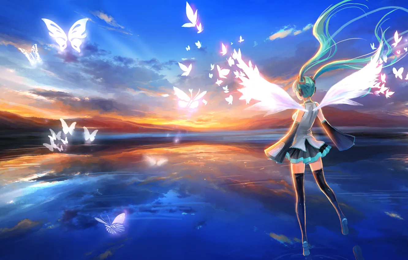 Фото обои небо, девушка, бабочки, закат, крылья, чулки, наушники, платье, hatsune miku, Vocaloid, голубые волосы