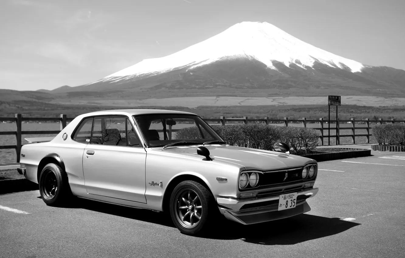 Фото обои Япония, Гора, Машина, ч/б, Ниссан, Japan, Nissan, 2000, Skyline
