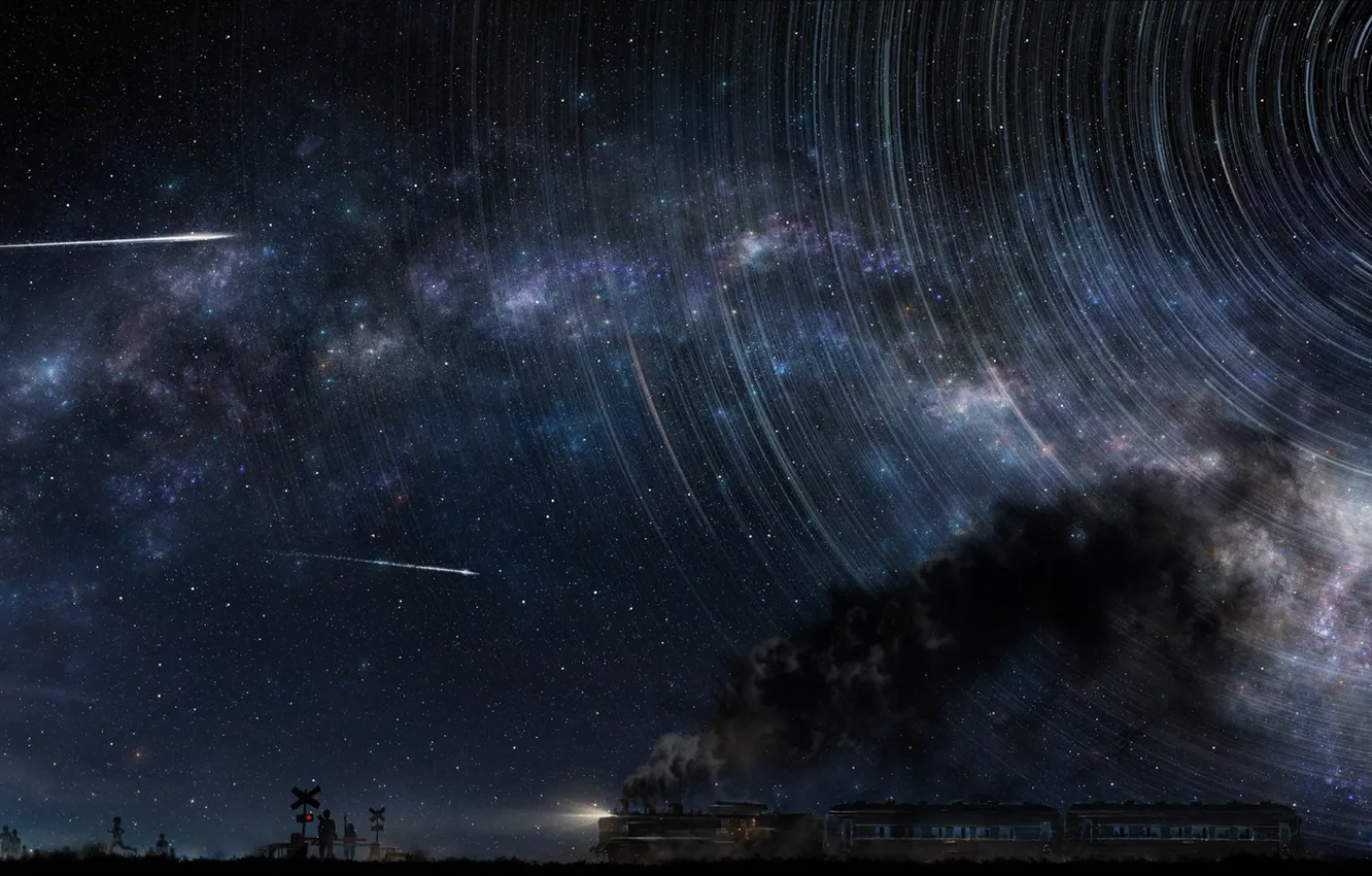 Фото обои небо, звезды, люди, луна, дым, поезд, арт, tsujiki