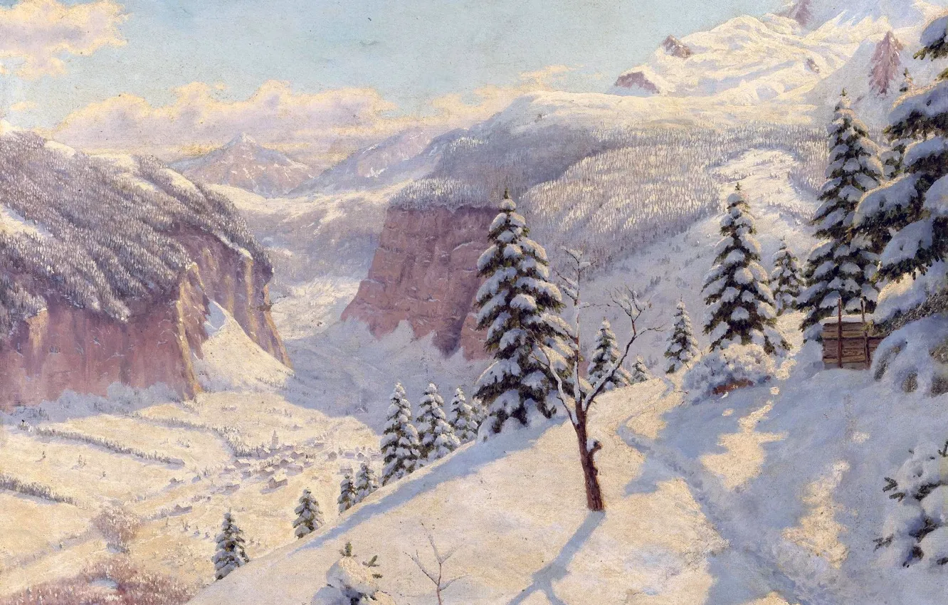 Фото обои зима, снег, деревья, пейзаж, горы, елки, картина, сугробы, тропинка, Борис Бессонов