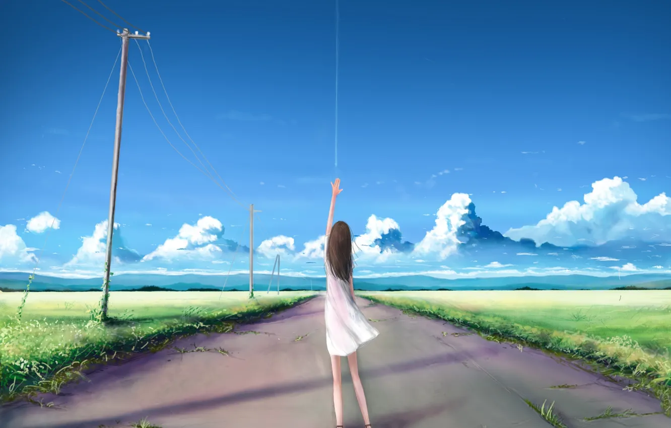 Фото обои дорога, небо, девушка, облака, природа, столбы, провода, рука, аниме, арт, kia