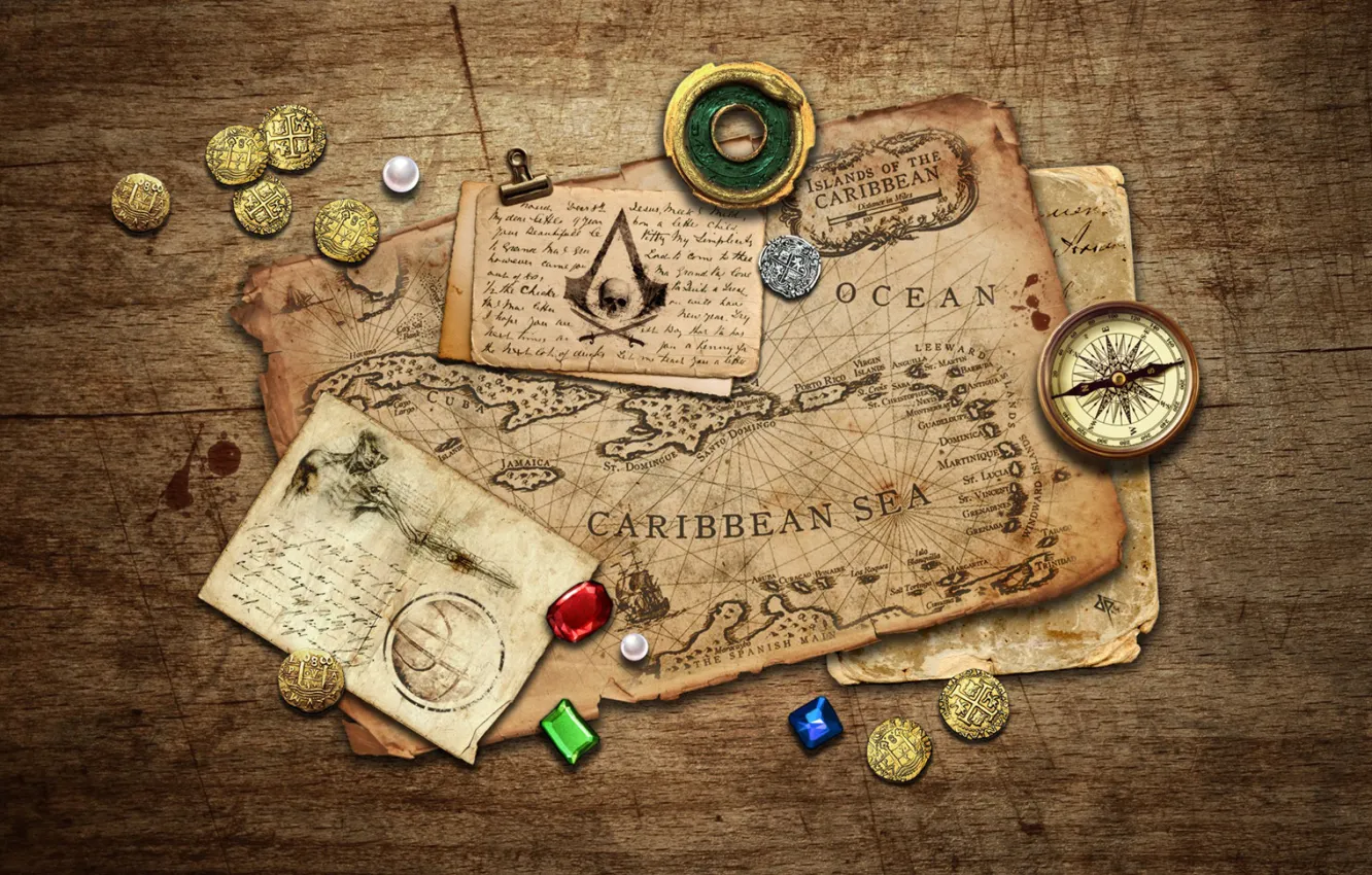 Фото обои камни, стол, карта, монеты, записи, компас, Black Flag, Assassin's Creed IV
