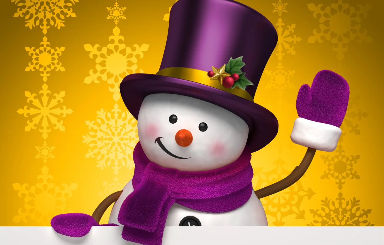 Фото обои зима, снежинки, жёлтый, праздник, графика, рождество, шляпа, снеговик, christmas, new year, цилиндр