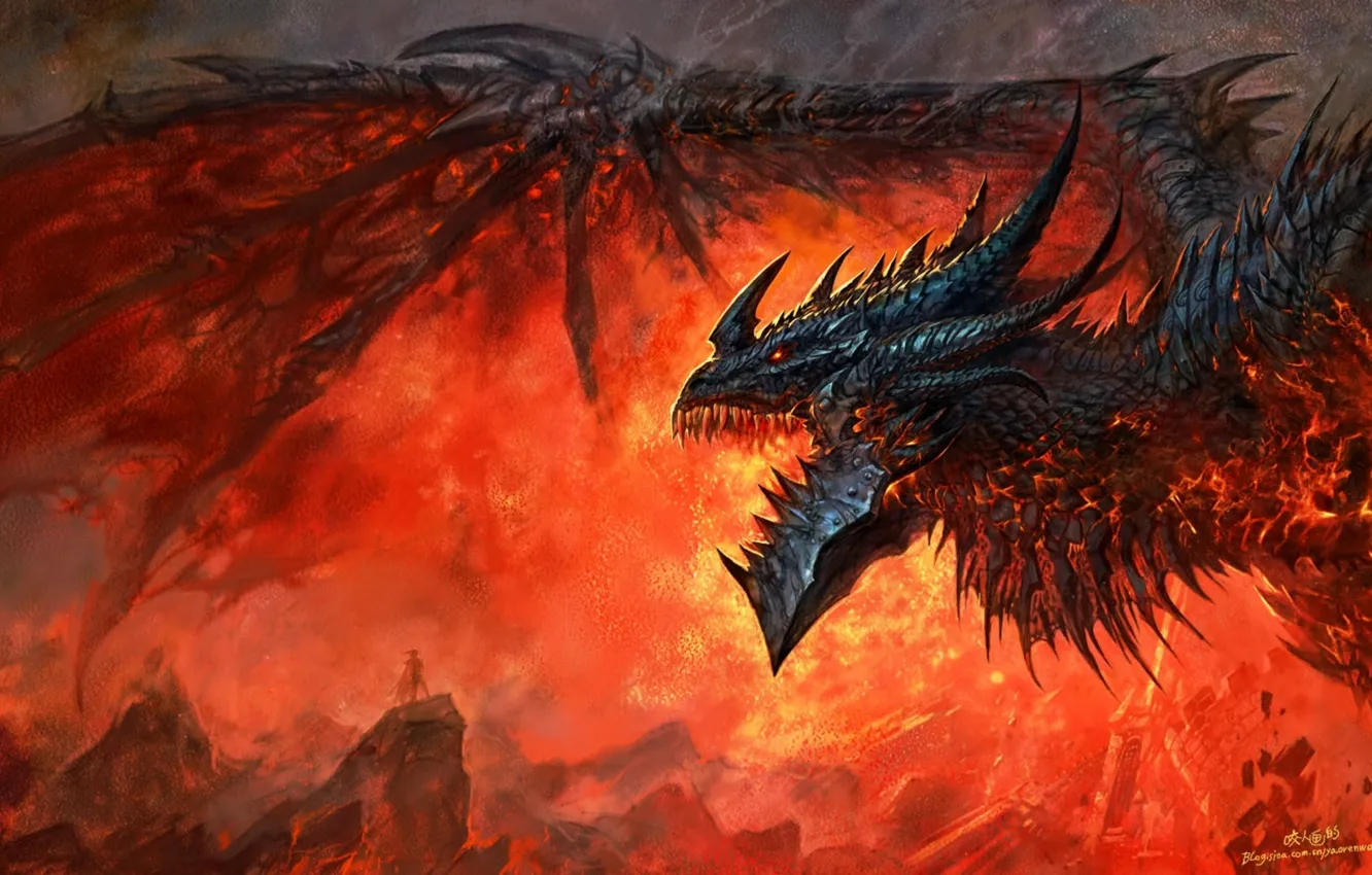Фото обои пламя, дракон, wow, world of warcraft, cataclysm, смертокрыл, deathwing, dragon