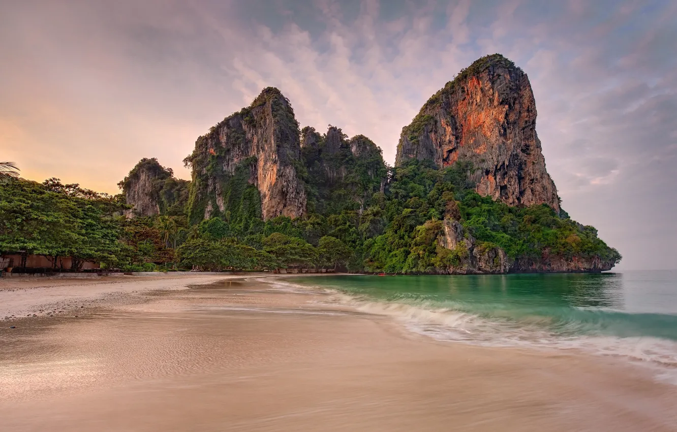 Фото обои Thailand, beach, trees, rocks, sand, tide, Andaman sea