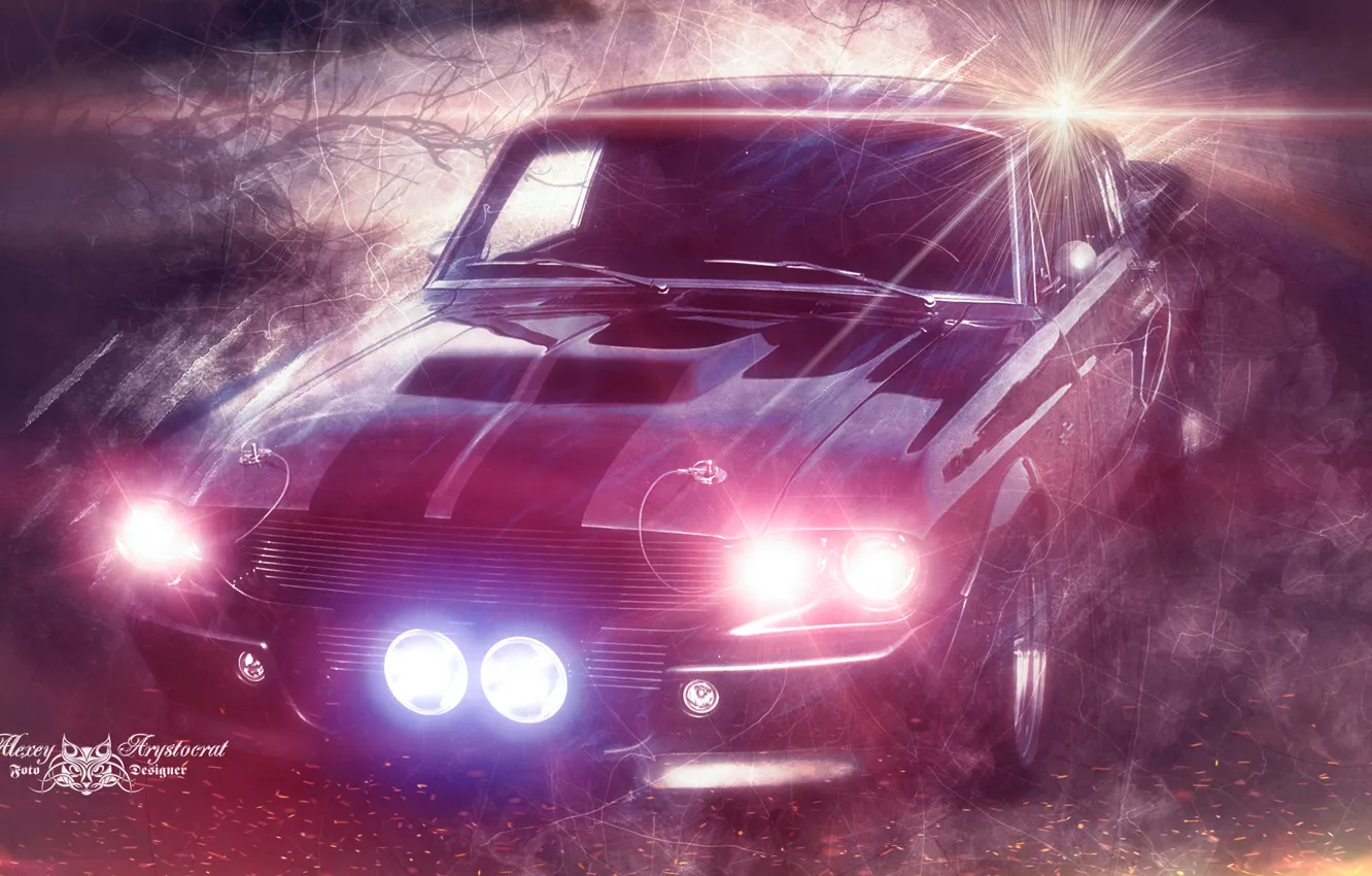 Фото обои ночь, туман, огонь, фары, Mustang, Ford