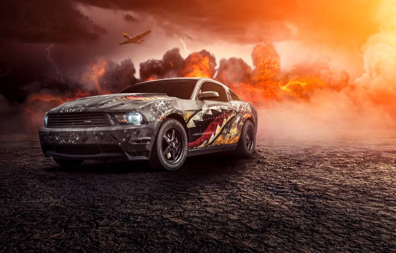Фото обои Mustang, Ford, Muscle, Car, Fire, Front, Turbo, Perfomance, Comp