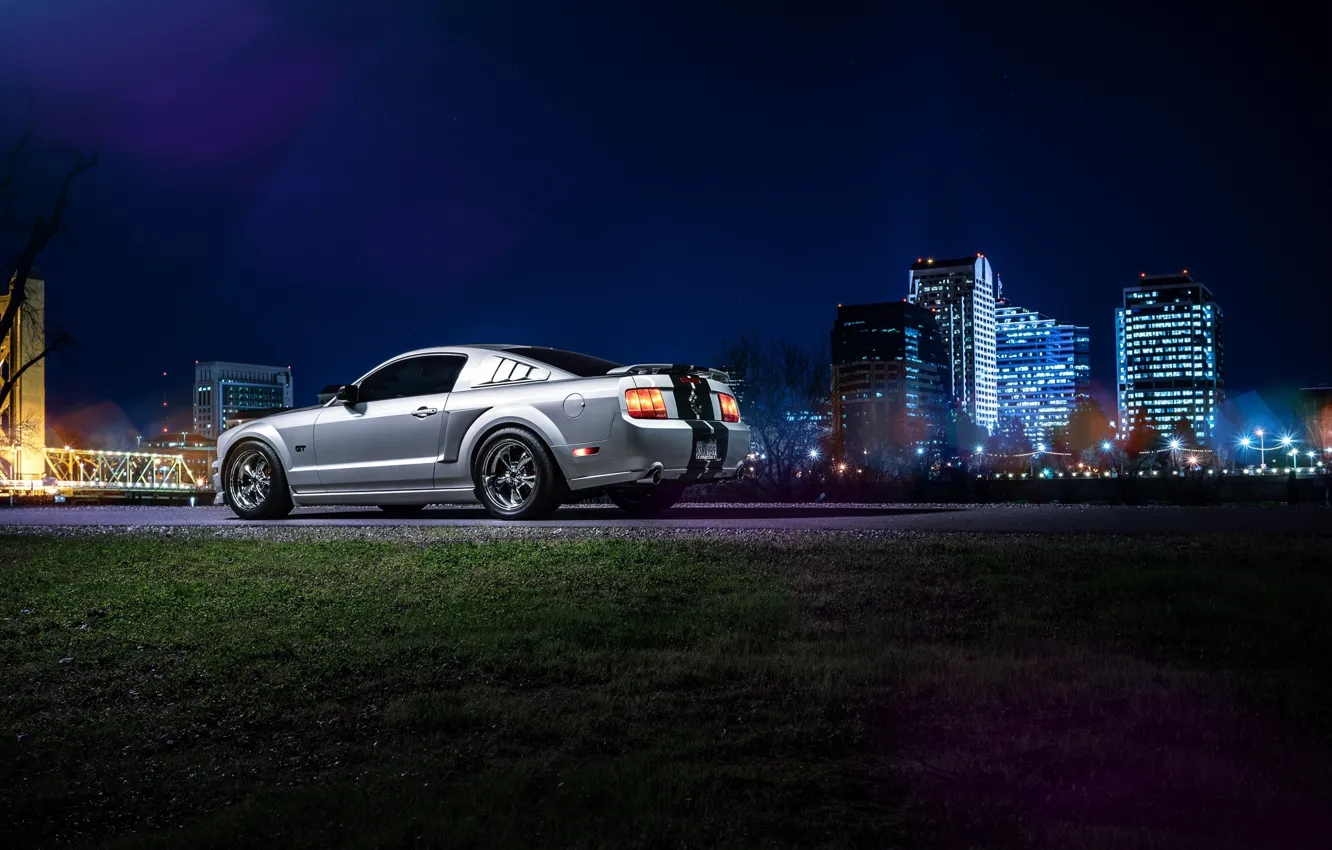 Фото обои Mustang, Ford, Dark, Muscle, Car, Downtown, American, Rear, Nigth