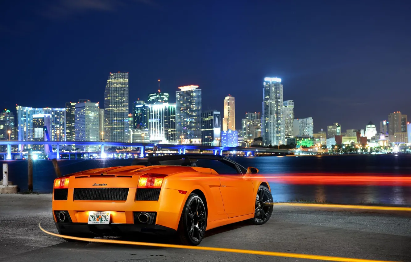 Фото обои Lamborghini, City, Orange, Gallardo, Sky, Spyder, Supercar, Rear