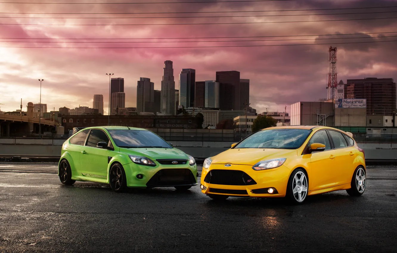 Фото обои Ford, Желтый, Город, Зеленый, Машины, City, Focus, Cars, Green, Yellow, Fiesta, Автомобили, RS 500