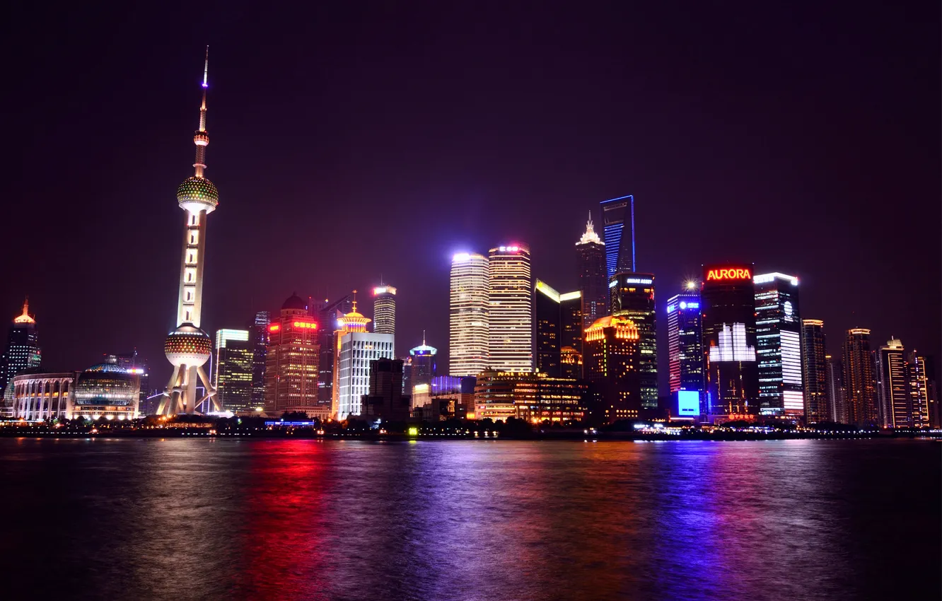 Фото обои огни, отражение, река, China, небоскребы, подсветка, Китай, Shanghai, Шанхай, ночной город, набережная, мегаполис