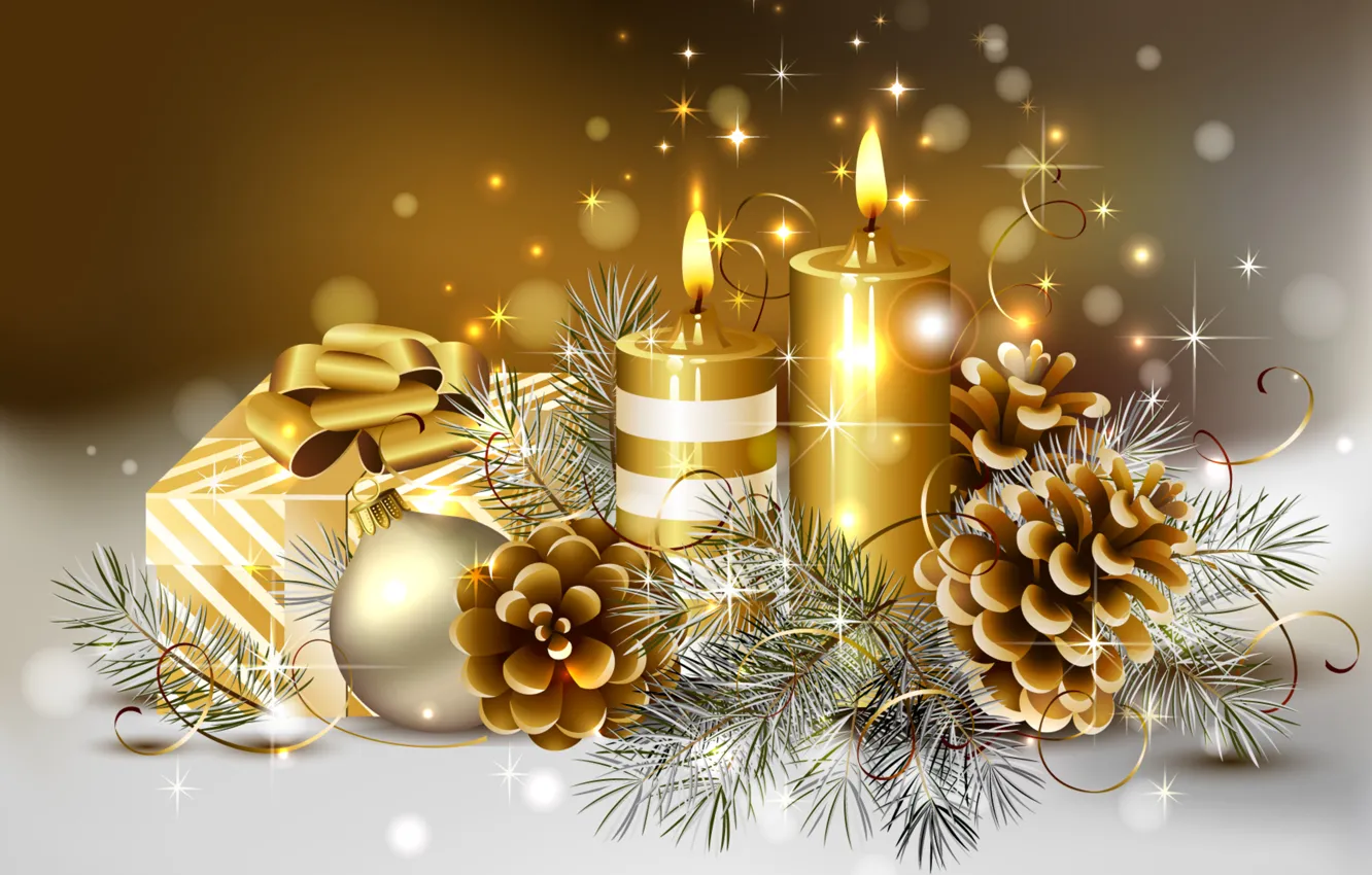 Фото обои зима, цвета, ленты, золото, коробка, милая, мяч, красота, colors, свечи, Рождество, подарки, golden, золотой, красивая, …