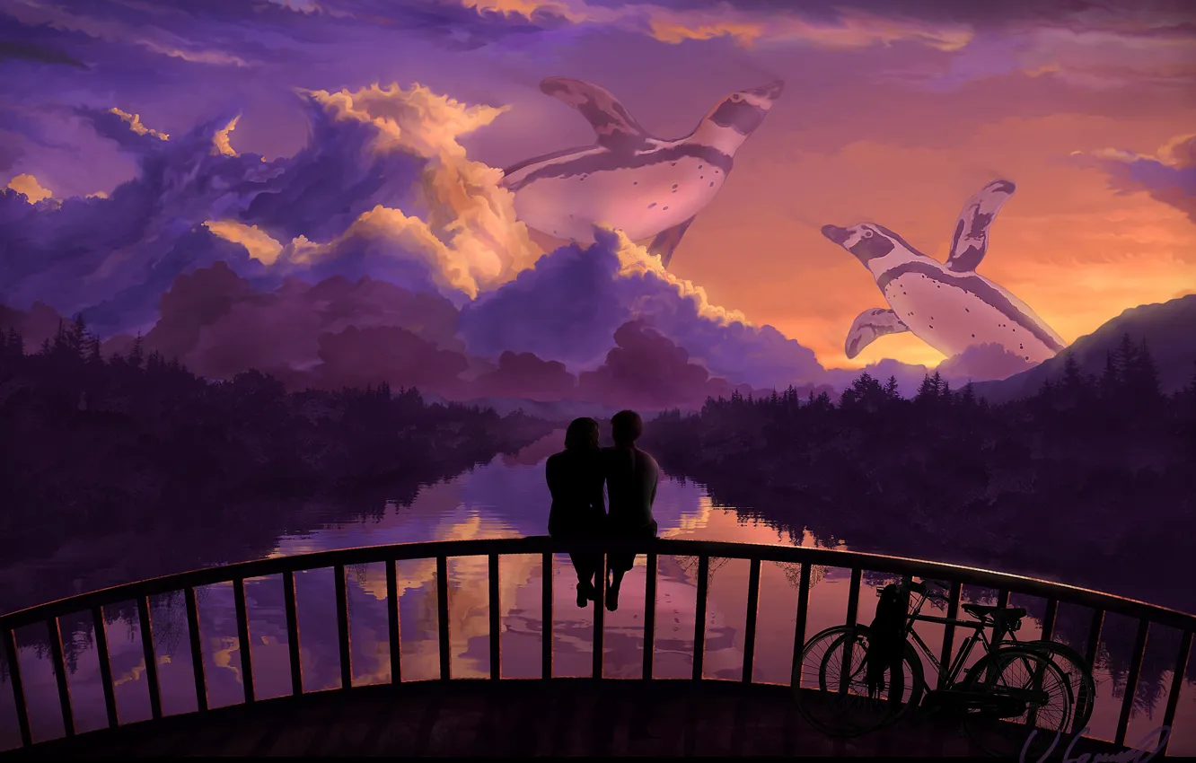 Фото обои небо, деревья, любовь, закат, мост, велосипед, отражение, романтика, пингвины, арт, пара, речка