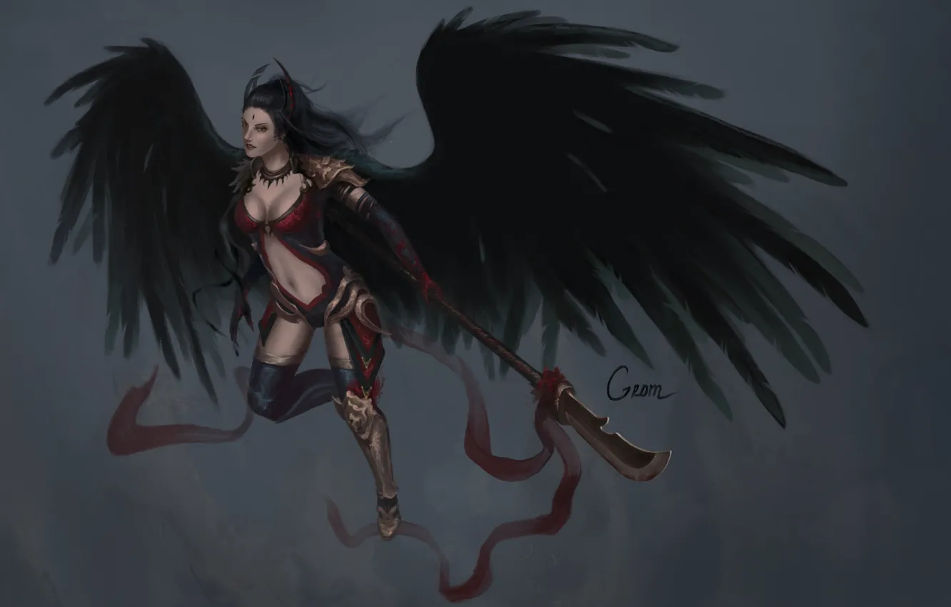 Фото обои взгляд, девушка, оружие, фон, арт, падший ангел, черные крылья